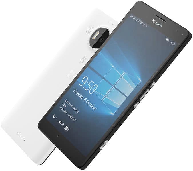 Microsoft Lumia 950 XL front and rear view, displaying lock screen with time and date, alongside white back panel showing dual camera