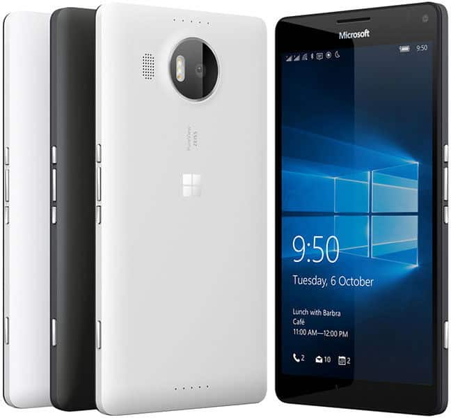 Microsoft Lumia 950 XL shown from rear and front views, displaying white and black color options with large camera lens and Windows lock screen at 9:50