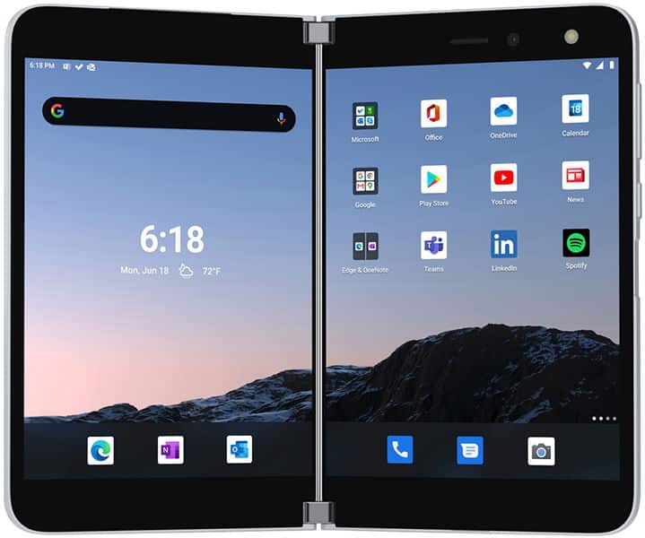 Microsoft Surface Duo open, displaying lock screen on left panel and app home screen on right panel with productivity and communication apps