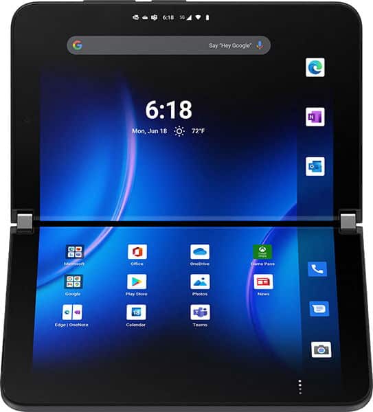 Front view of Microsoft Surface Duo 2 open, both screens showing app icons; time 6:18, Monday, June 18, 72°F.