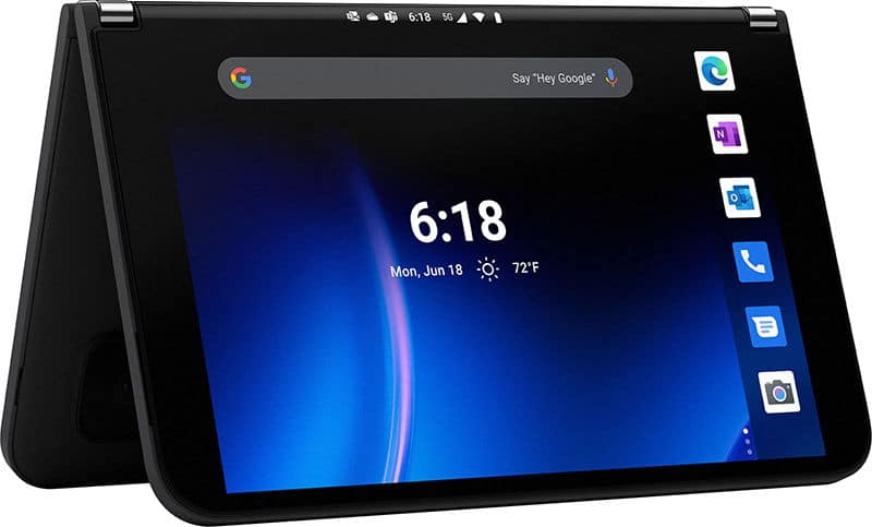 Black convertible laptop in tent mode, screen facing front, shows 6:18, weather, app icons; UI blends Android and Windows.