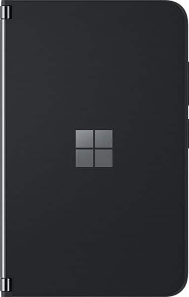 Front view of closed black Microsoft Surface Duo 2, dual screens, silver left hinge, centered Microsoft logo on cover.