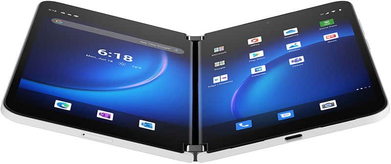 Front view of Microsoft Surface Duo 2 open, displaying dual screens side by side with app icons and a digital clock visible.