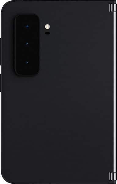 Rear view of closed black foldable phone (Surface Duo 2-like) showing triple camera, flash, and right-side hinge.