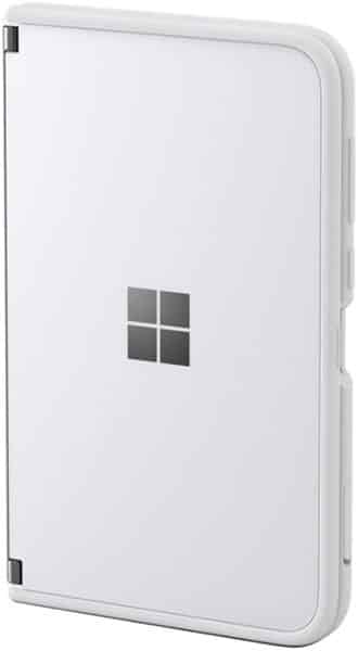 Microsoft Surface Duo closed, showing white exterior with Windows logo, front view