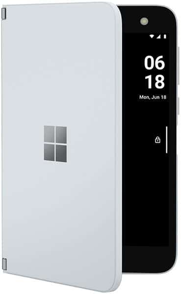 Microsoft Surface Duo open, white cover closed on left side, black screen visible on right showing time 06:18 and date Mon, Jun 18