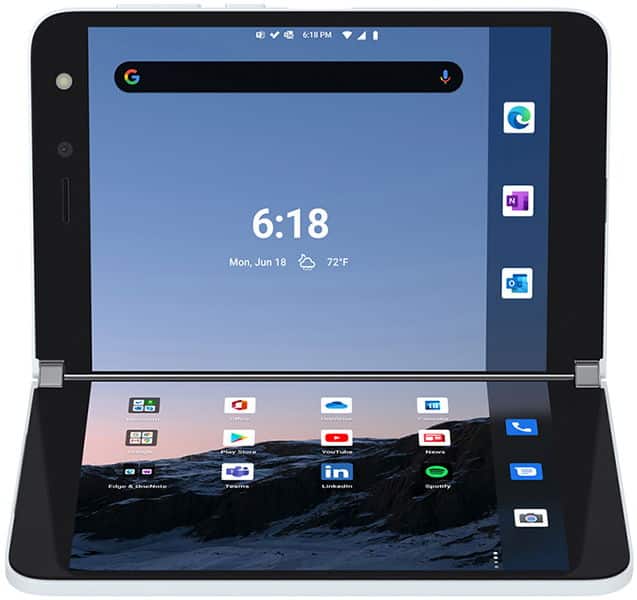 Microsoft Surface Duo open, displaying home screen with Google search bar, time 6:18, and app icons on right panel and lower screen