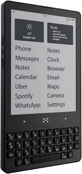 Minimal Phone device front view, displaying home screen with app icons, weather widget, to-do list, and QWERTY keyboard