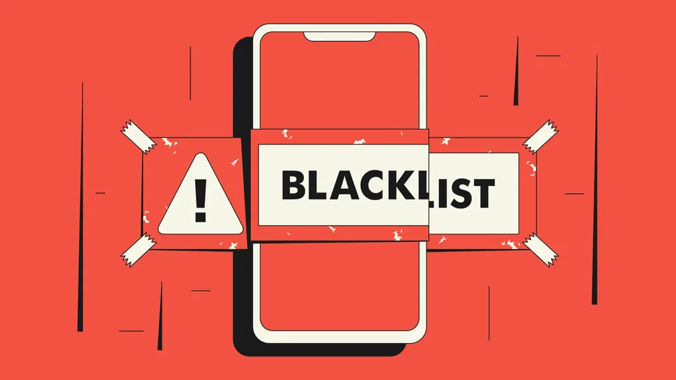 Smartphone displaying a "blacklist" warning label with an exclamation mark icon on a red background