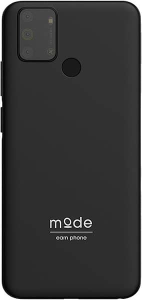Mode EarnPhone 2 rear view, black smartphone with triple camera and fingerprint sensor