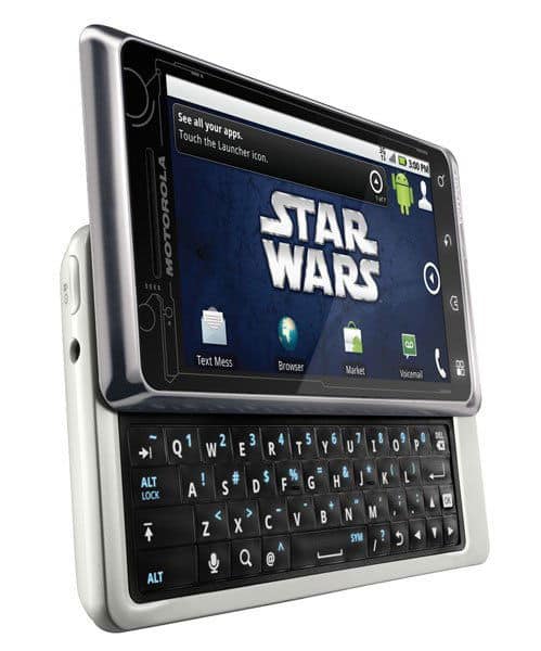 Motorola Droid 2 phone displayed at angle showing touchscreen with Star Wars app and slide-out QWERTY keyboard