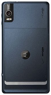 Motorola Droid 2 rear view, showing dark blue back panel with camera and Motorola logo