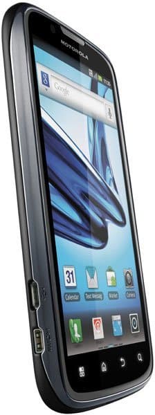 Motorola ATRIX 2 smartphone, front-facing view, displaying home screen with apps and blue abstract wallpaper
