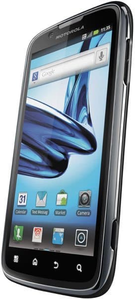 Motorola ATRIX 2 smartphone front view with touchscreen displaying home screen, Google search bar, and app icons including Calendar, Messaging, and Camera