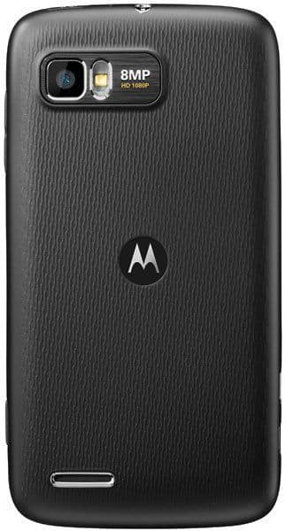 Motorola ATRIX 2 rear view, black textured back with 8MP camera and LED flash, Motorola logo centered