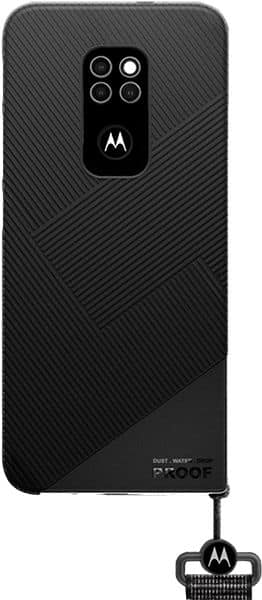 Motorola Defy (2021) rear view, showing quad camera setup and textured black back with diagonal patterns and lanyard attachment
