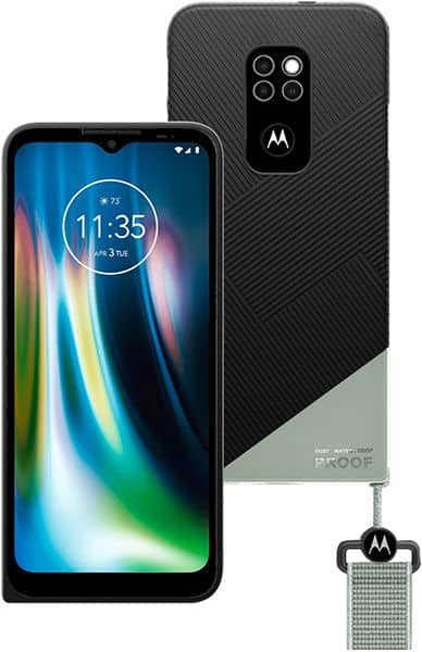 Motorola Defy (2021) shown front and rear, with time 11:35 displayed on screen, rugged textured back, and protective lanyard attachment