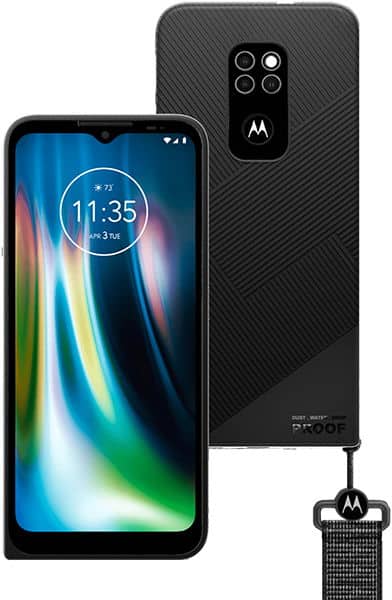 Motorola Defy (2021) front and rear views, showing display with time 11:35 and quad camera setup on textured black back with lanyard attachment