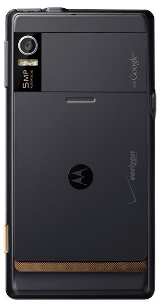 Rear view of Motorola Milestone shows 5MP camera with dual LED flash, Verizon and Google logos, and a textured strip near bottom.