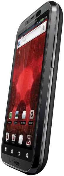 Motorola Droid Bionic front view, black smartphone with red wallpaper and app icons on screen