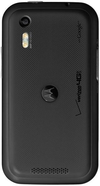 Motorola Droid Bionic rear view, showing black textured back with camera and Motorola logo