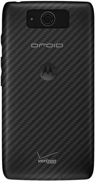 Motorola DROID Maxx rear view, showing black carbon fiber back with camera, Motorola logo, and Verizon branding