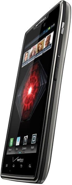 Motorola DROID RAZR MAXX phone displayed at an angle, showing its black screen with red glowing logo and touch controls at bottom