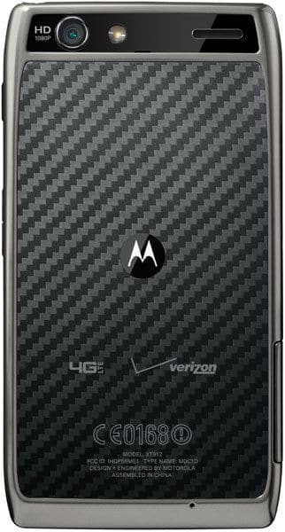 Motorola DROID RAZR MAXX rear view with carbon fiber back, camera lens, LED flash, and Verizon branding visible