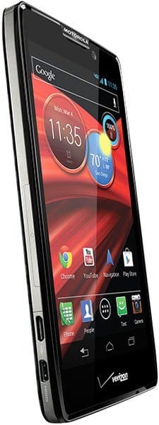 Motorola DROID RAZR MAXX HD smartphone displayed at an angle, showing the front screen with red wallpaper, app icons, and time display at 11:35