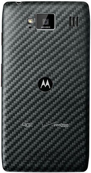 Motorola DROID RAZR MAXX HD rear view, showing carbon fiber textured back, camera, and Motorola logo