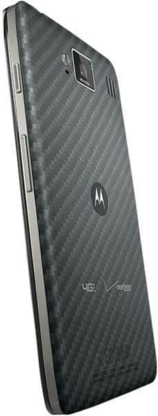 Motorola DROID RAZR MAXX HD rear view, showing carbon fiber pattern back and camera, angled left side profile