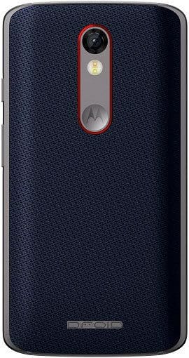 Motorola Droid Turbo 2 rear view, showing dark blue textured back with red camera ring and Motorola logo