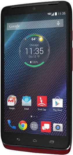 Front view of black and red Motorola DROID Turbo showing home screen, Chicago 64°F weather, full battery, and app icons.