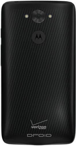 Rear view of black Motorola DROID Turbo showing textured back, rear camera, Verizon logo, and "DROID" branding at bottom.