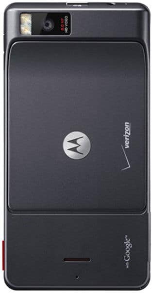 Motorola Droid X rear view, black phone with camera and flash at top, Motorola logo centered on back