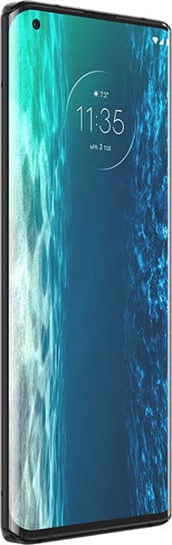 Motorola Edge smartphone, left side angle, curved display with beach wallpaper, 11:35 time, April 3 date, 73°F shown.
