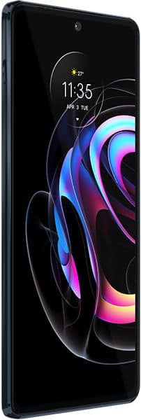 Motorola Edge 20 Pro front view with display showing time 11:35 and colorful abstract wallpaper with blue and pink swirls