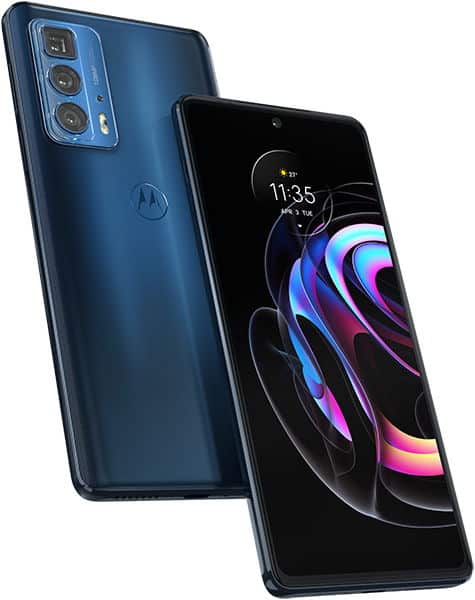 Motorola Edge 20 Pro in blue, shown from rear and front angles displaying triple camera setup and colorful abstract wallpaper on screen