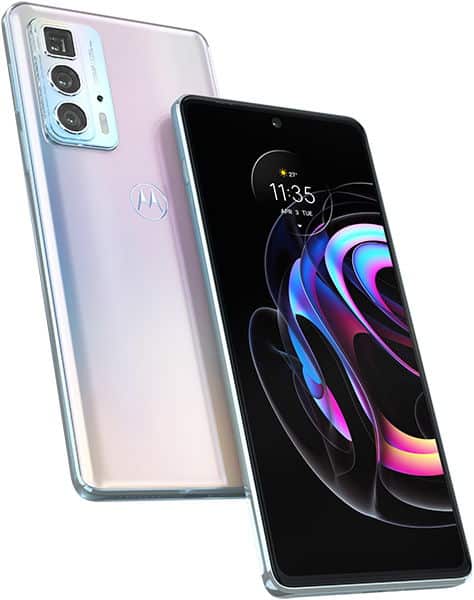 Motorola Edge 20 Pro shown front and rear views, displaying gradient frosted finish, dual rear cameras, and colorful abstract wallpaper on screen