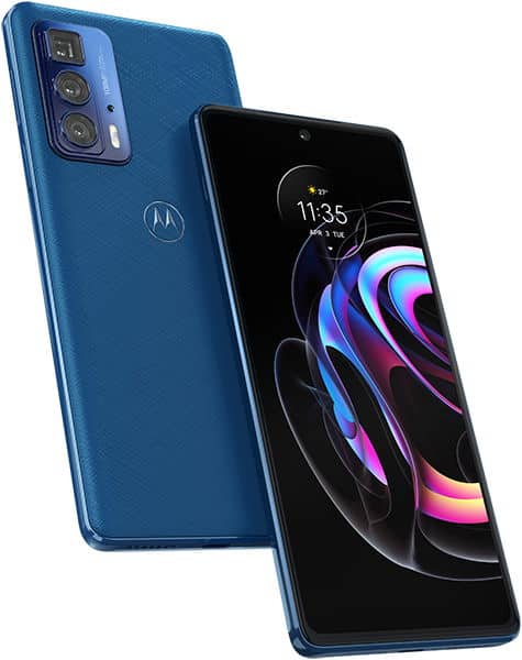 Motorola Edge 20 Pro in blue, shown from rear and front angles displaying triple camera setup and colorful abstract screen display