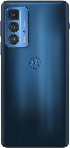 Motorola Edge 20 Pro rear view, showing triple camera module on blue background with Motorola logo