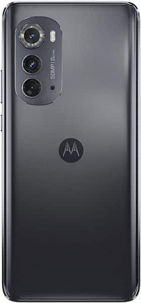 Motorola Edge (2022) rear view, showing triple camera setup and Motorola logo on dark gray back