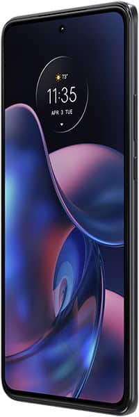 Motorola Edge (2022) front view with display showing time 11:35 and abstract blue and pink wallpaper