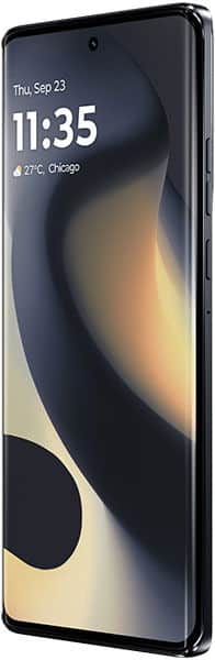 Motorola Edge (2024) front view displaying lock screen with time 11:35, date Thu Sep 23, temperature 27°C Chicago, and abstract curved design wallpaper