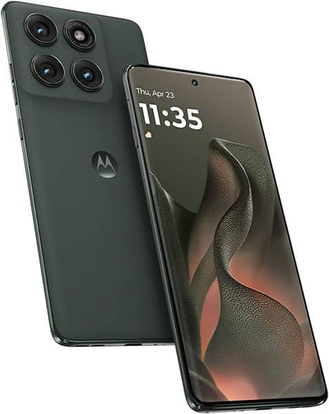 Motorola Edge (2025) in forest green, shown from rear and front angles displaying quad camera setup and lock screen with time 11:35