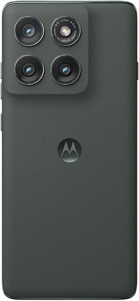 Motorola Edge (2025) rear view showing quad camera setup and textured green back panel with Motorola logo