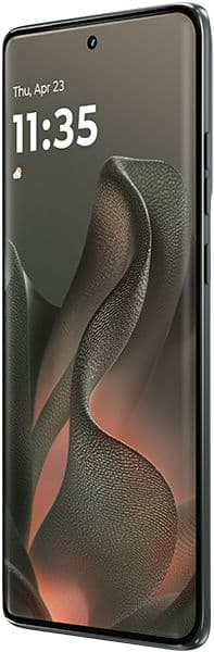 Motorola Edge (2025) front view, displaying lock screen with time 11:35 and abstract flowing design wallpaper