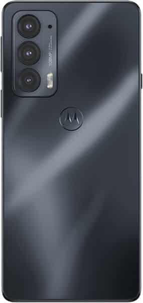 Motorola Edge 20 rear view, charcoal gray, showing triple camera array and Motorola logo