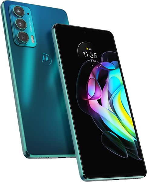 Motorola Edge 20 in teal, shown from rear and front angles, displaying triple camera setup and colorful lock screen wallpaper