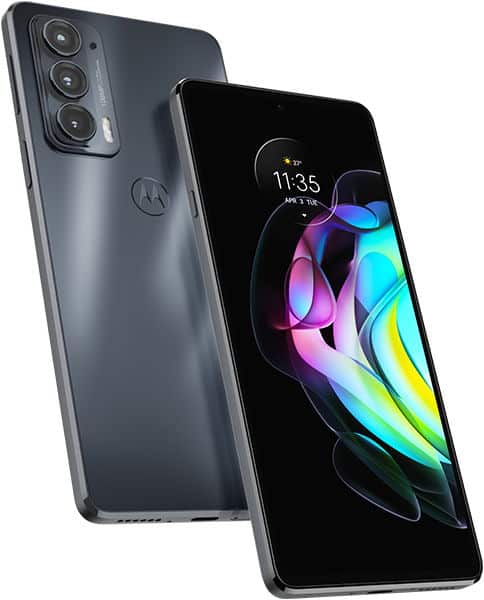 Motorola Edge 20 shown from rear and front angles, displaying triple rear camera setup and colorful abstract wallpaper on screen